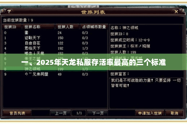 一、2025年天龙私服存活率最高的三个标准 一、2025年天龙私服存活率最高的三个标准