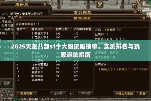 2025天龙八部sf十大耐玩服榜单,实测排名与玩家避坑指南 2025天龙八部sf十大耐玩服榜单,实测排名与玩家避坑指南