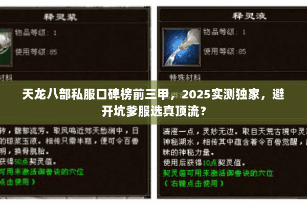 天龙八部私服口碑榜前三甲，2025实测独家，避开坑爹服选真顶流？