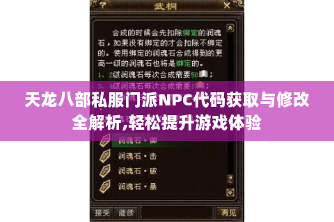 天龙八部私服门派NPC代码获取与修改全解析,轻松提升游戏体验